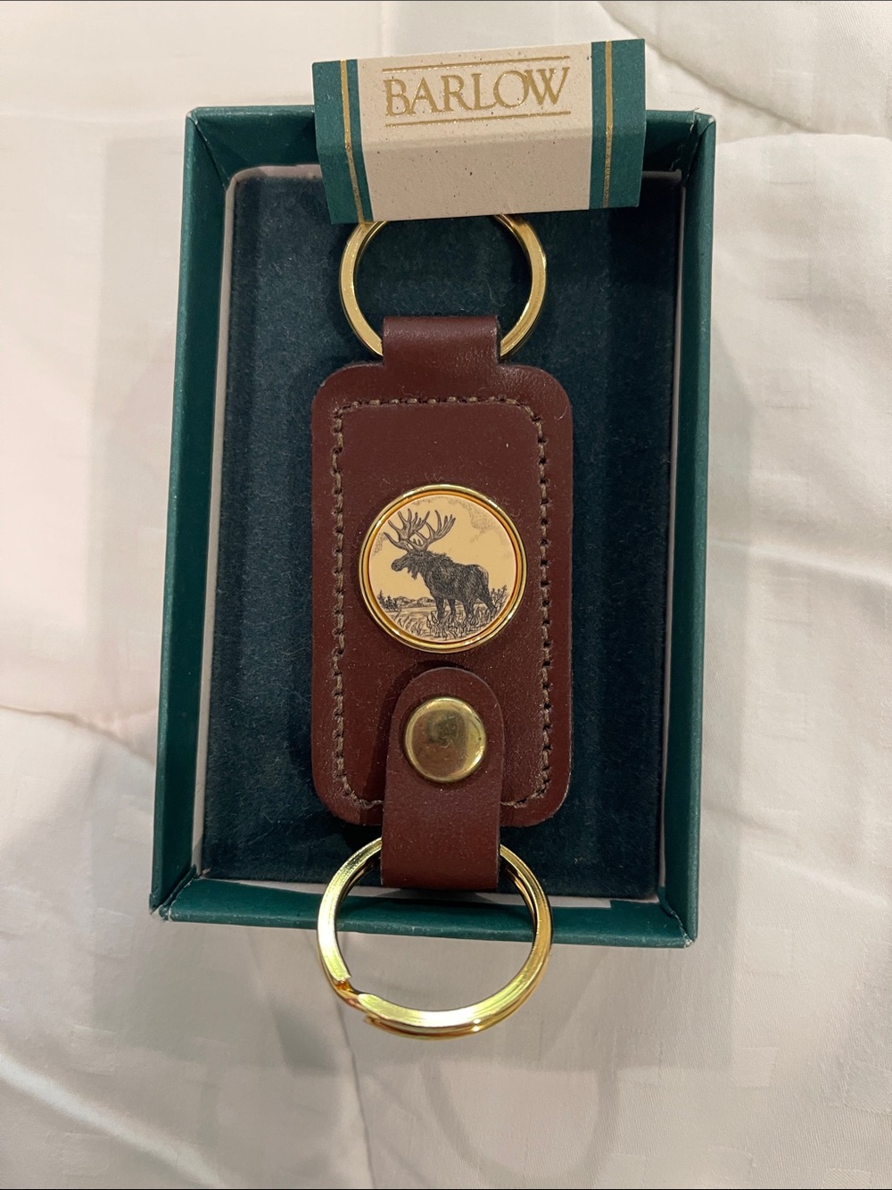 Barlow Brown Leather and Faux Scrimshaw Moose Key & with Gold Hardware